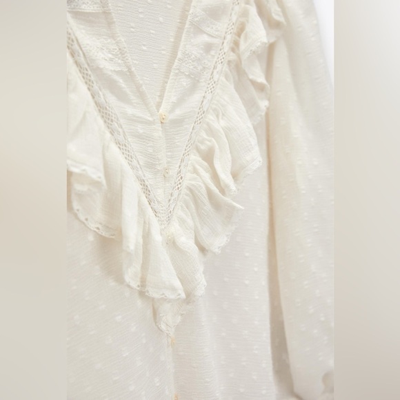 Zara Sheer Swissdot Ruffle V-Neck Crochet Trim Button Up Balloon Sleeve Blouse - Picture 8 of 16